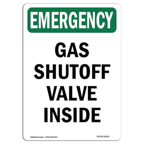 Safety Sign, OSHA EMERGENCY, 5" Height, Gas Shutoff Valve Inside, Portrait, 10PK